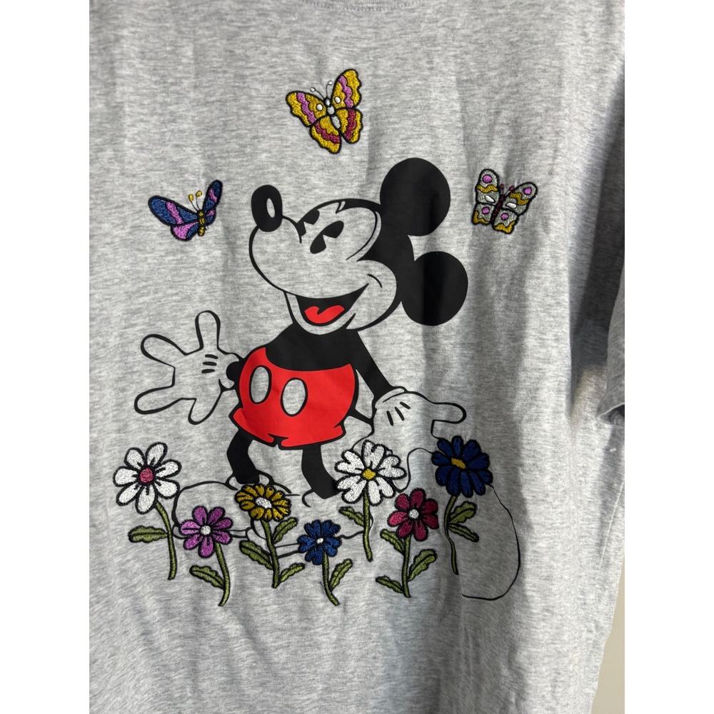 Disney Mickey‎ Mouse T-Shirt Womens XL Heather Grey Embroidered Butterfly Floral - Picture 2 of 5